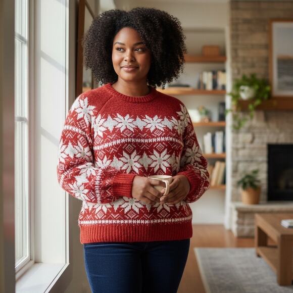 Christmas Sweater Fair Isle Chunky Snowflake - Picture 10 of 11